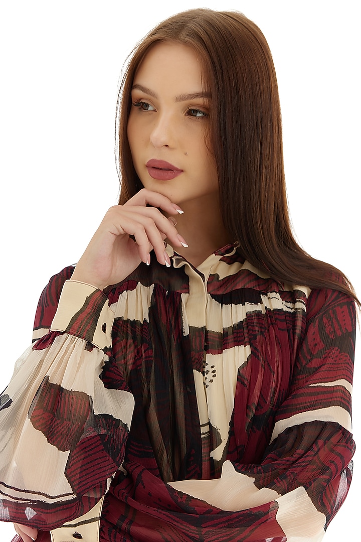 Off-White & Brown Chiffon Floral Top by Koai at Pernia's Pop Up Shop