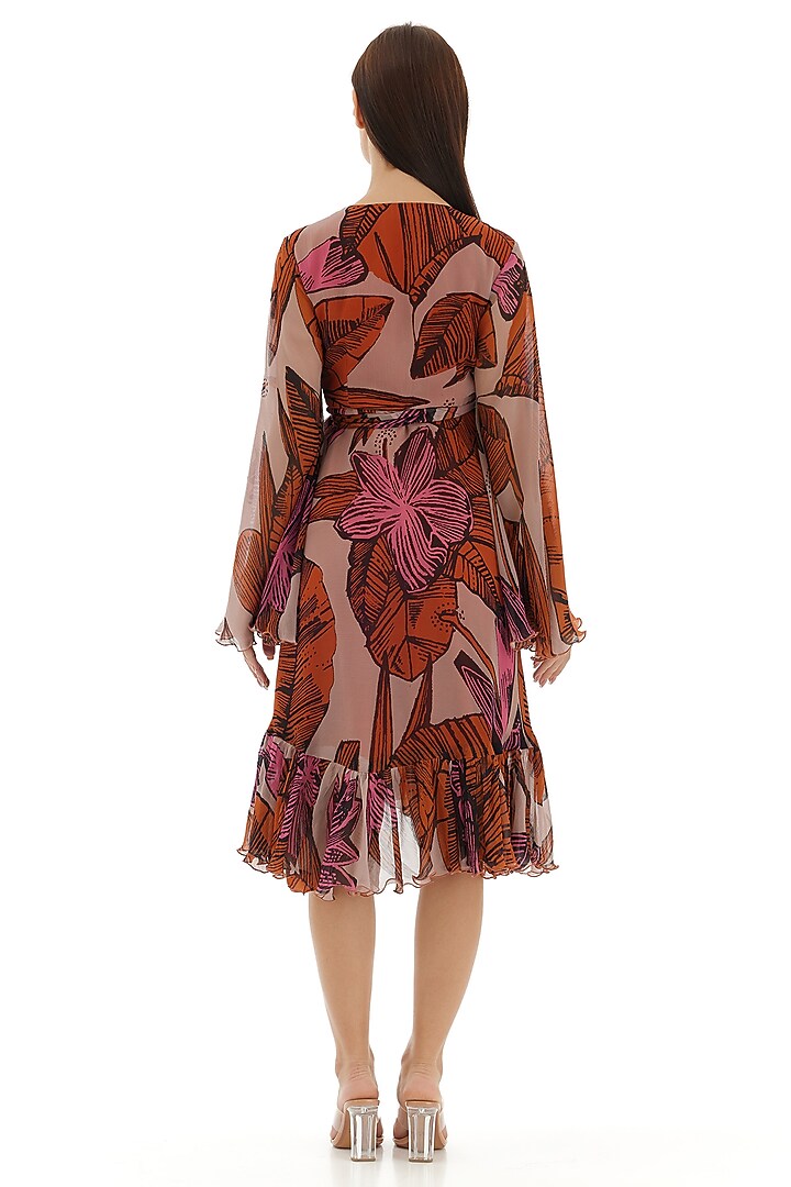 Orange & Beige Chiffon Floral Printed Wrap Summer Dress by Koai at Pernia's Pop Up Shop