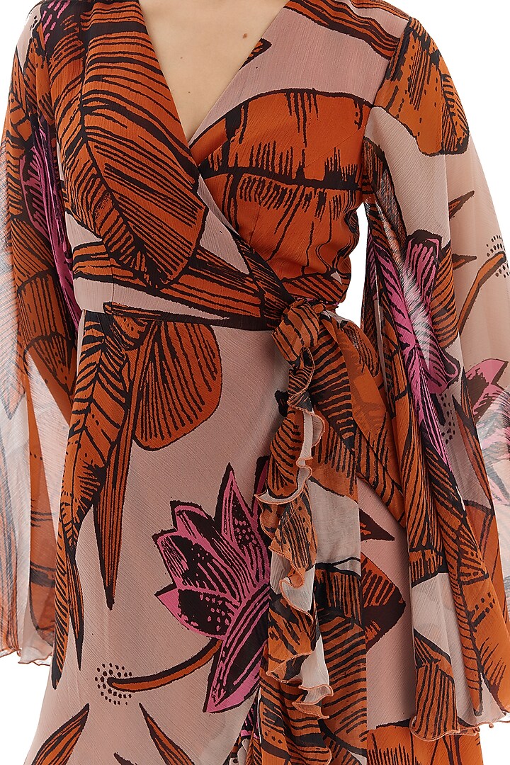 Orange & Beige Chiffon Floral Printed Wrap Summer Dress by Koai at Pernia's Pop Up Shop