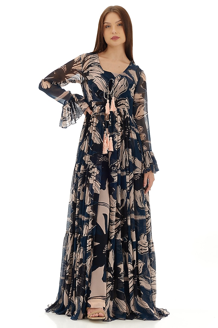 Blue & Off-White Chiffon Floral Printed Cape by Koai at Pernia's Pop Up Shop