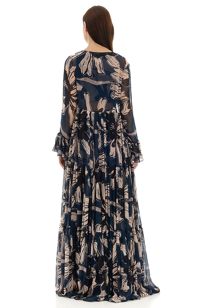 Blue & Off-White Chiffon Floral Printed Cape by Koai at Pernia's Pop Up Shop