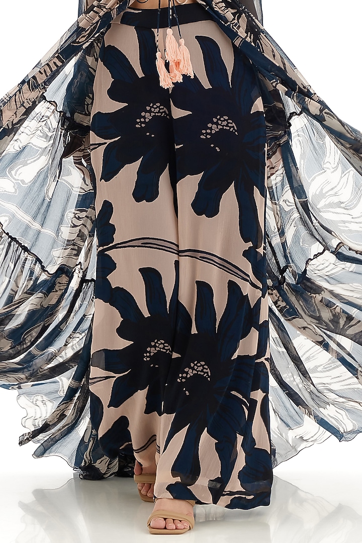 Blue & Off-White Chiffon Floral Printed Cape by Koai at Pernia's Pop Up Shop