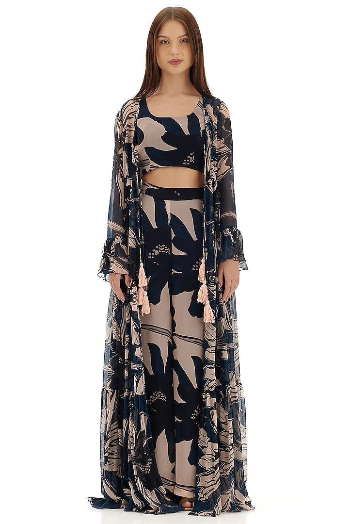 Blue & Off-White Chiffon Floral Printed Cape by Koai at Pernia's Pop Up Shop