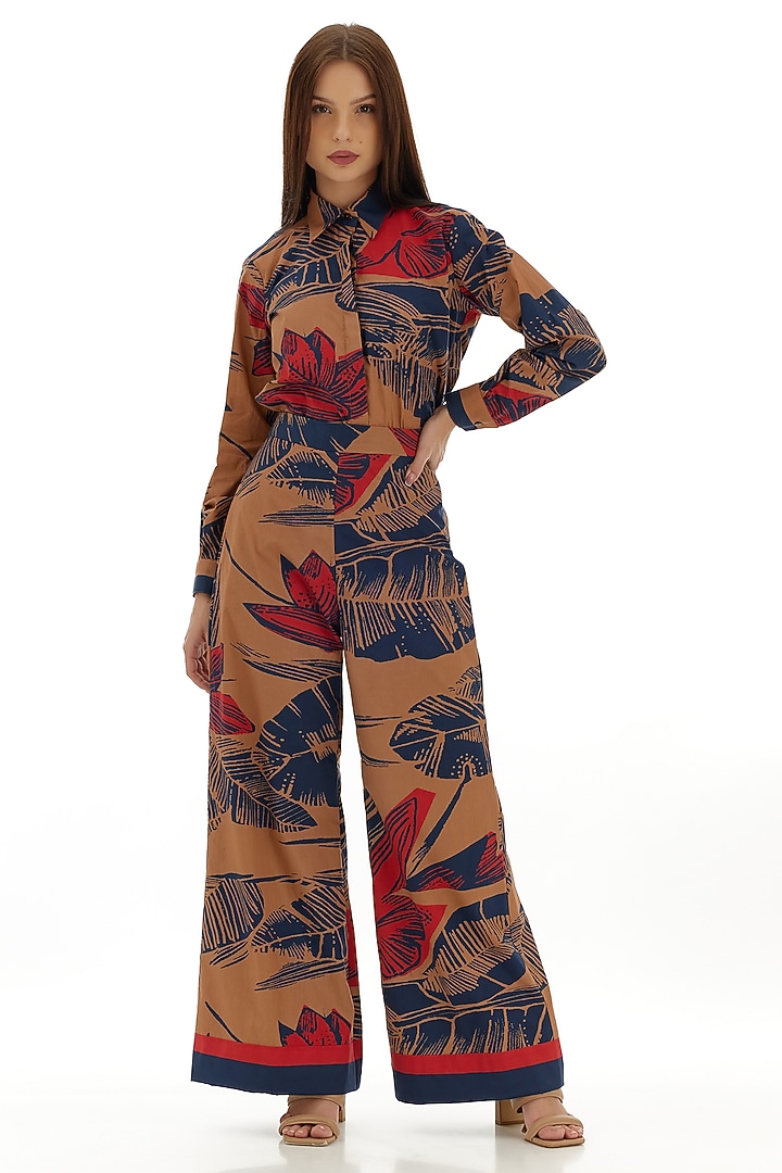 Beige & Blue Poplin Cotton Floral Printed Shirt by Koai at Pernia's Pop Up Shop