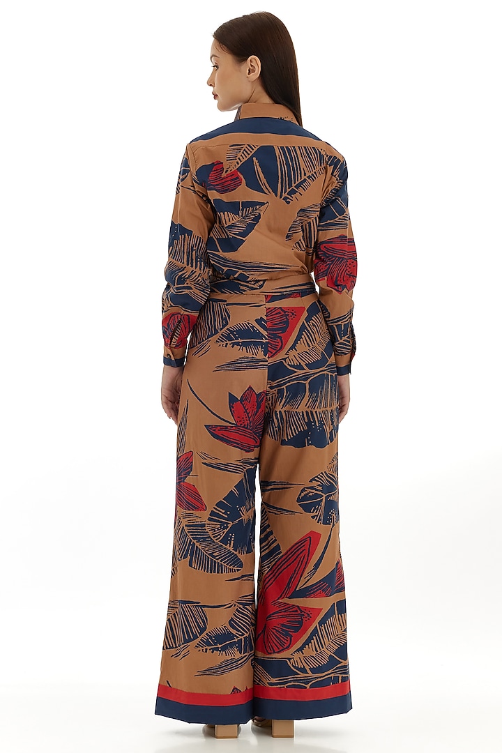 Beige & Blue Poplin Cotton Floral Printed Shirt by Koai at Pernia's Pop Up Shop