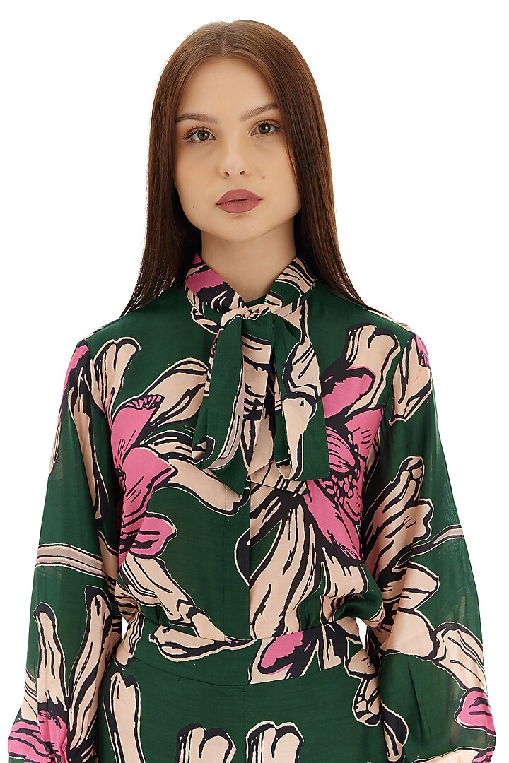 Green & Pink Cotton Silk Floral Printed Shirt by Koai at Pernia's Pop Up Shop
