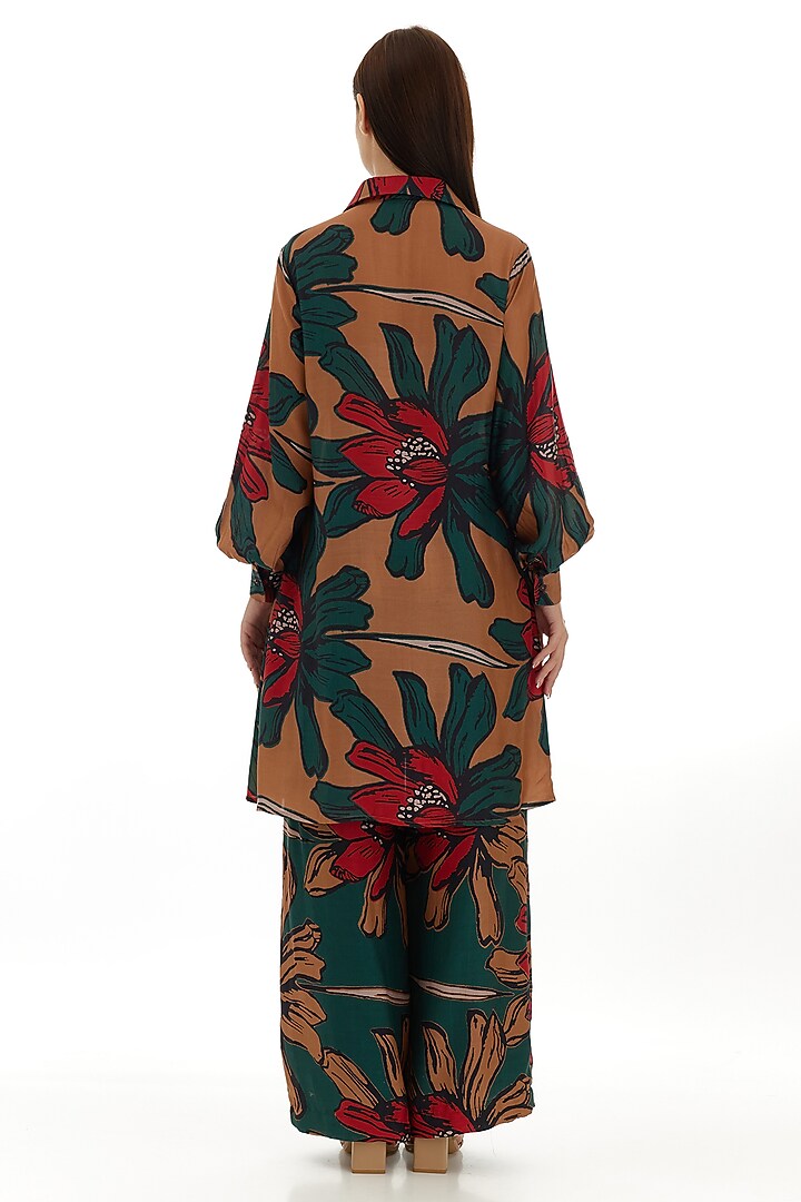 Beige & Green Cotton Silk Floral Printed Long Shirt by Koai at Pernia's Pop Up Shop