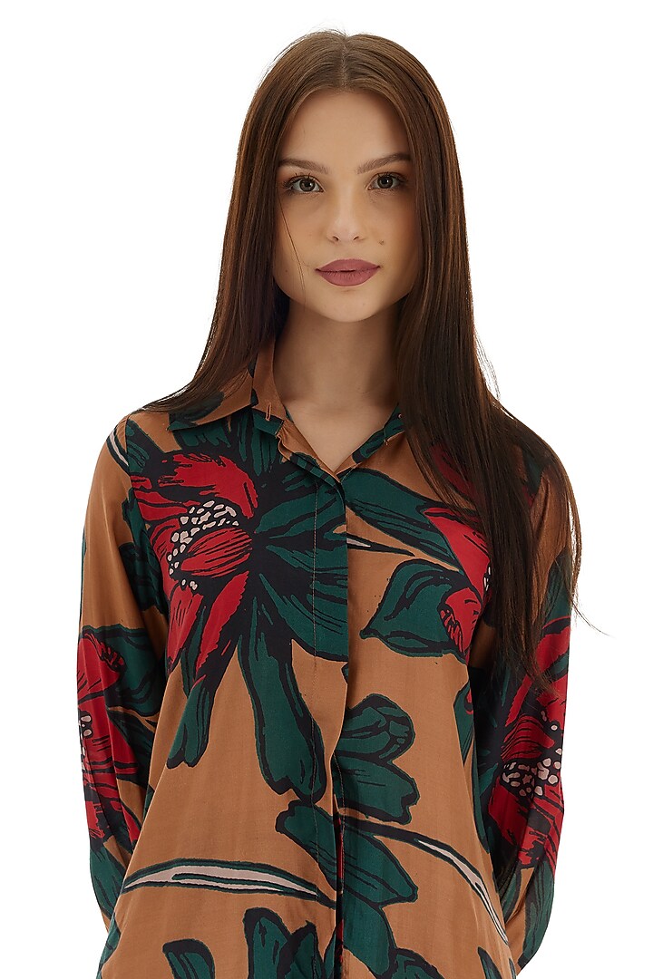 Beige & Green Cotton Silk Floral Printed Long Shirt by Koai at Pernia's Pop Up Shop
