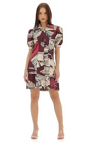 Brown & Off-White Poplin Cotton Floral Printed Mini Shirt Dress by Koai