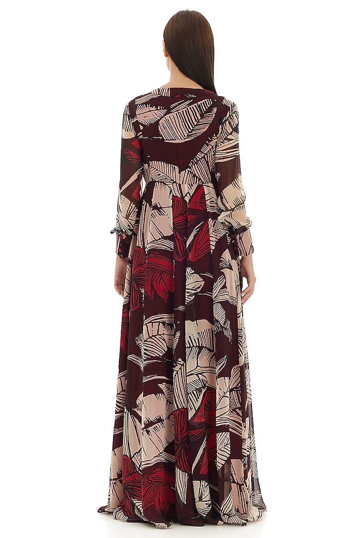 Brown & Off-White Chiffon Floral Printed Maxi Vacation Shirt Dress by Koai at Pernia's Pop Up Shop