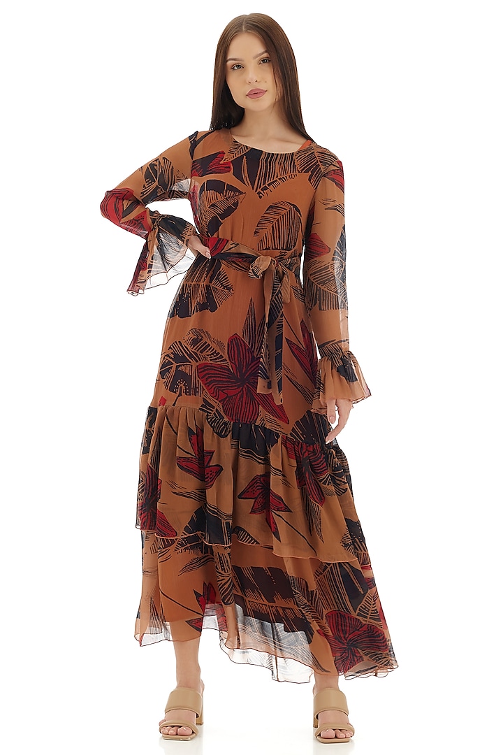 Orange Chiffon Floral Printed Maxi Dress by Koai