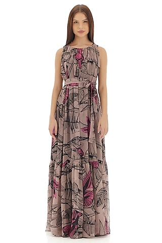 Grey Chiffon Floral Printed Maxi Dress by Koai