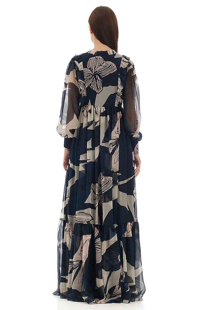 Blue & Off-White Chiffon Floral Printed Maxi Vacation Dress by Koai at Pernia's Pop Up Shop