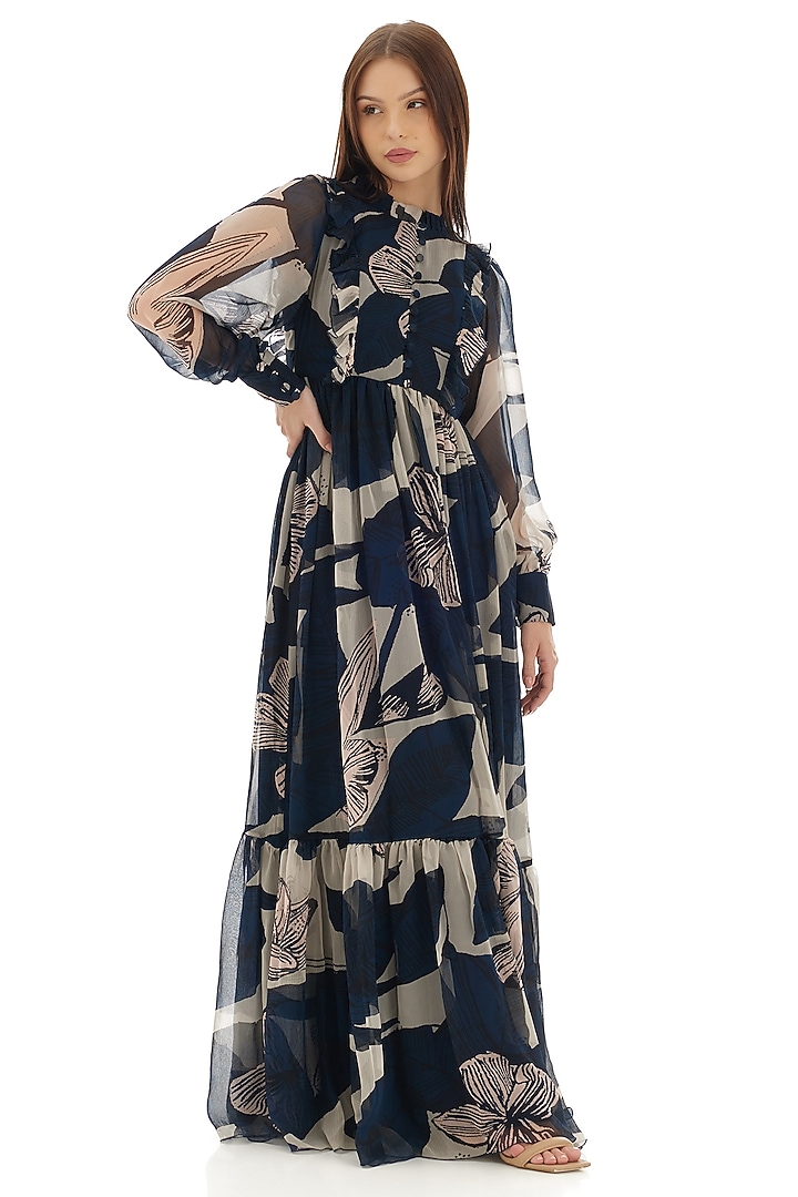Blue & Off-White Chiffon Floral Printed Maxi Vacation Dress by Koai at Pernia's Pop Up Shop