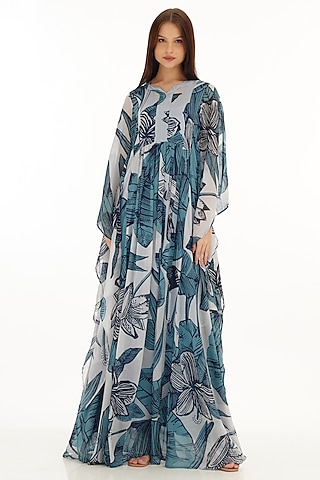 Sky Blue & White Chiffon Floral Printed Kaftan by Koai