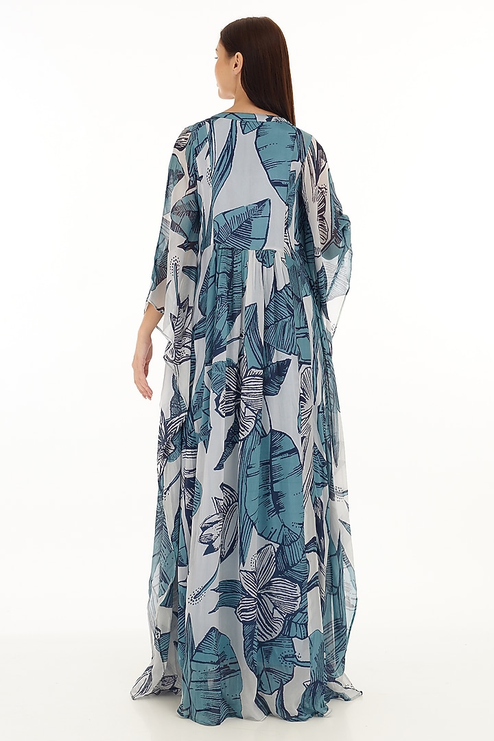 Sky Blue & White Chiffon Floral Printed Kaftan by Koai at Pernia's Pop Up Shop