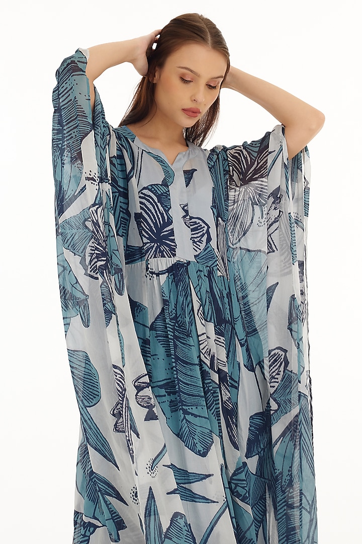 Sky Blue & White Chiffon Floral Printed Kaftan by Koai at Pernia's Pop Up Shop