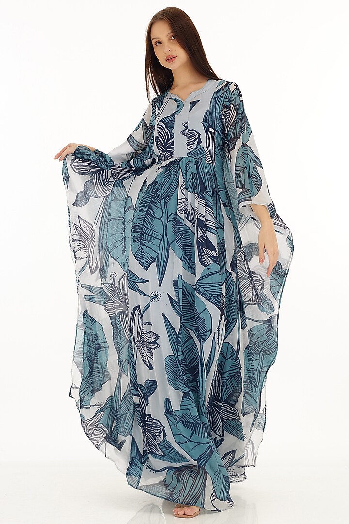 Sky Blue & White Chiffon Floral Printed Kaftan by Koai at Pernia's Pop Up Shop