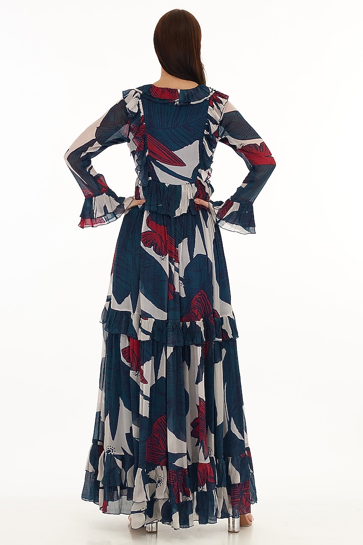 Multi-Colored Chiffon Floral Printed Frilled Maxi Vacation Dress by Koai at Pernia's Pop Up Shop