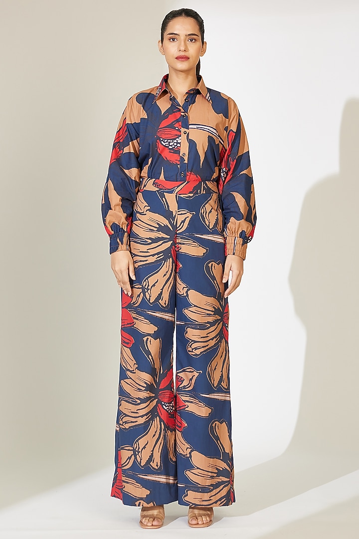 Blue & Orange Poplin Cotton Floral Printed Shirt by Koai at Pernia's Pop Up Shop