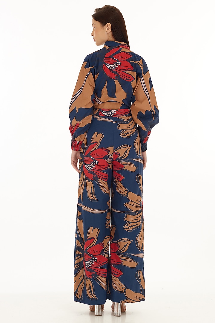 Blue & Orange Poplin Cotton Floral Printed Shirt by Koai at Pernia's Pop Up Shop