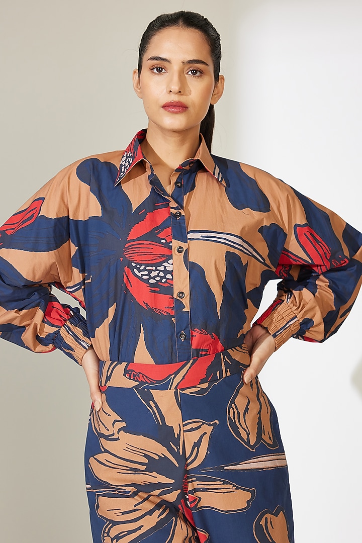 Blue & Orange Poplin Cotton Floral Printed Shirt by Koai at Pernia's Pop Up Shop