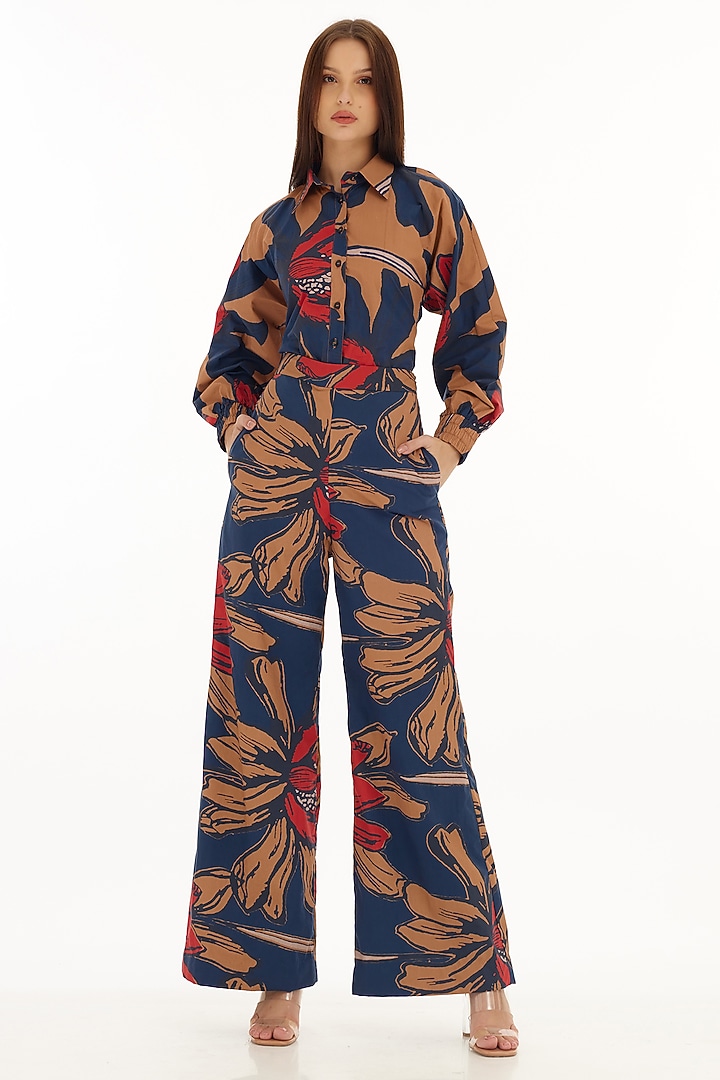 Blue & Orange Poplin Cotton Floral Printed Shirt by Koai at Pernia's Pop Up Shop
