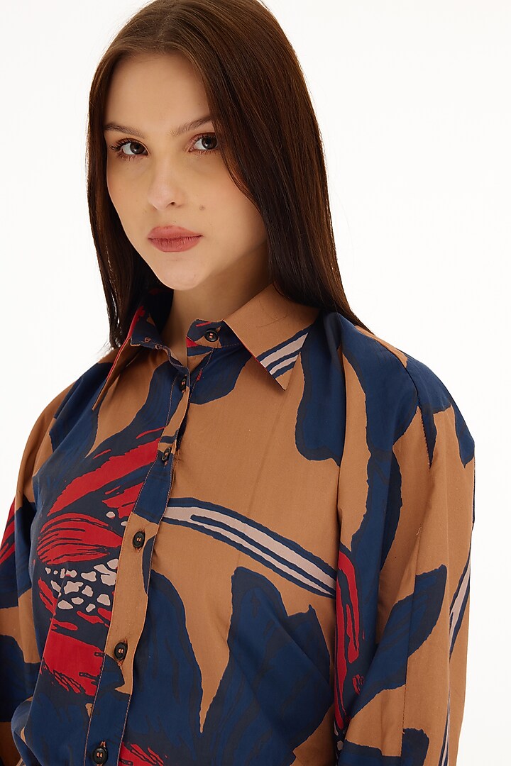 Blue & Orange Poplin Cotton Floral Printed Shirt by Koai at Pernia's Pop Up Shop