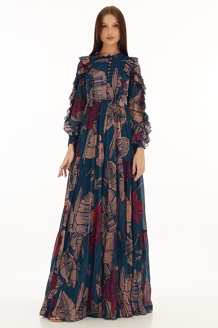 Multi-Colored Chiffon Floral Printed Frilled Maxi Dress by Koai