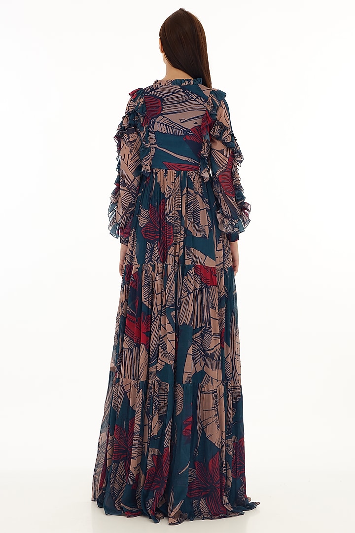 Multi-Colored Chiffon Floral Printed Frilled Maxi Vacation Dress by Koai at Pernia's Pop Up Shop