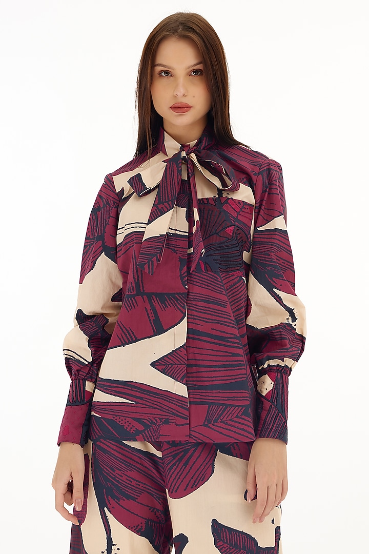 Off-White & Hot Pink Poplin Cotton Floral Printed Bow Shirt by Koai at Pernia's Pop Up Shop