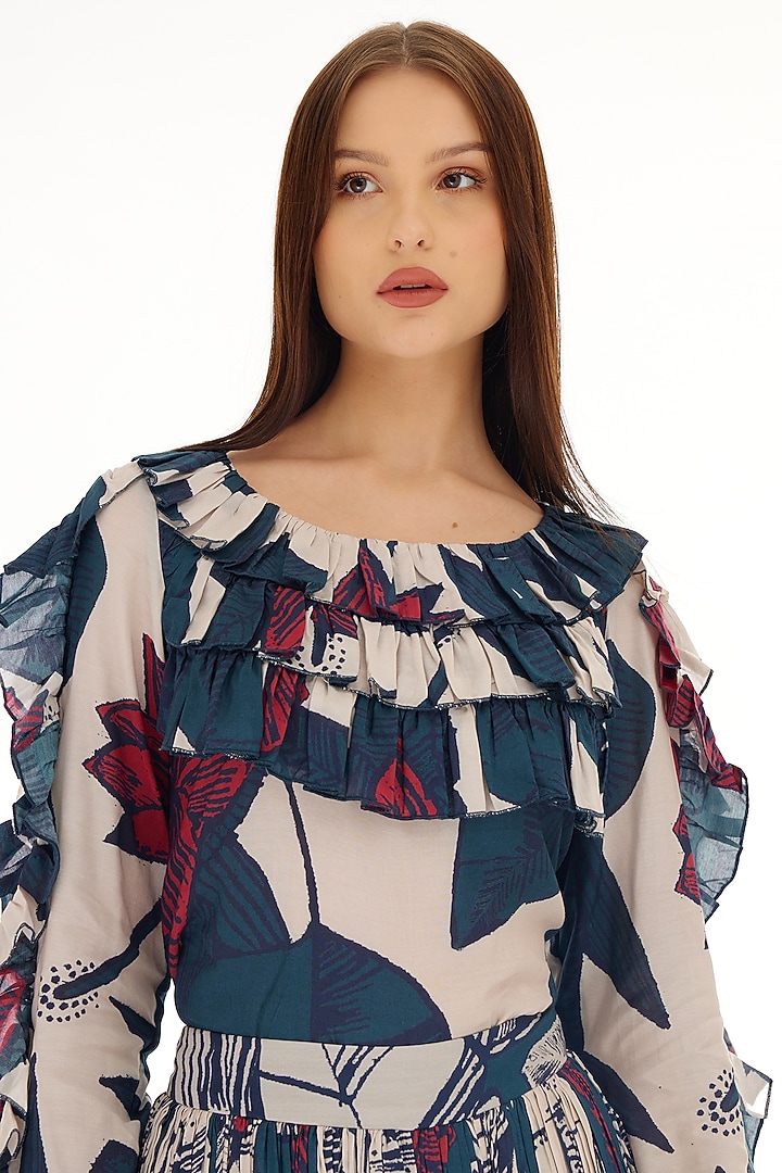 Multi-Colored Muslin Cotton Silk Floral Printed Frilled Top by Koai at Pernia's Pop Up Shop