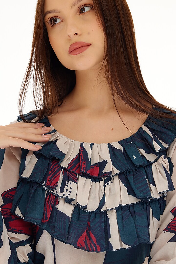 Multi-Colored Muslin Cotton Silk Floral Printed Frilled Top by Koai at Pernia's Pop Up Shop