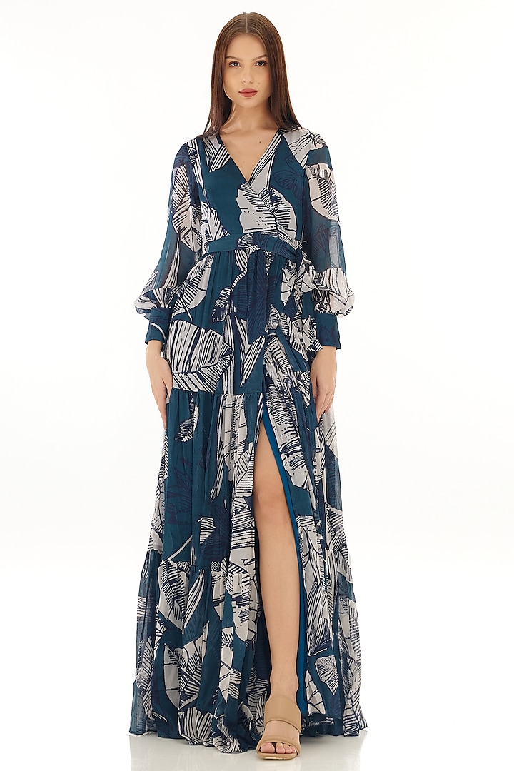 Sky Blue & White Chiffon Floral Printed Wrap Maxi Dress by Koai