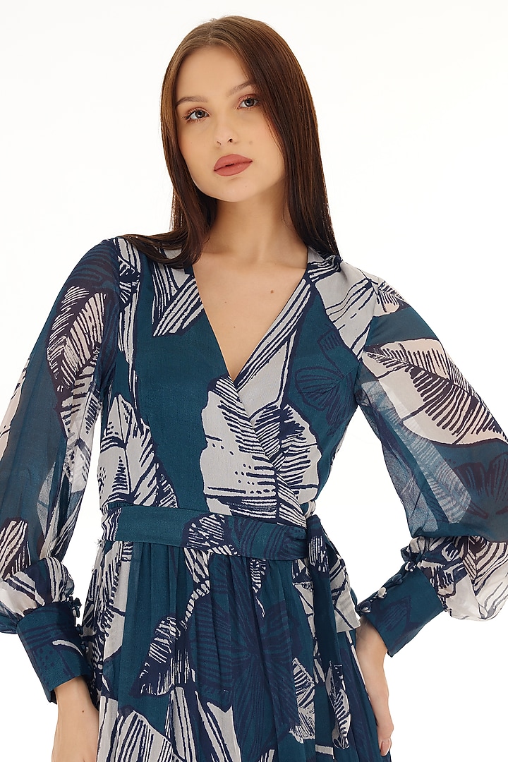 Sky Blue & White Chiffon Floral Printed Wrap Maxi Vacation Dress by Koai at Pernia's Pop Up Shop