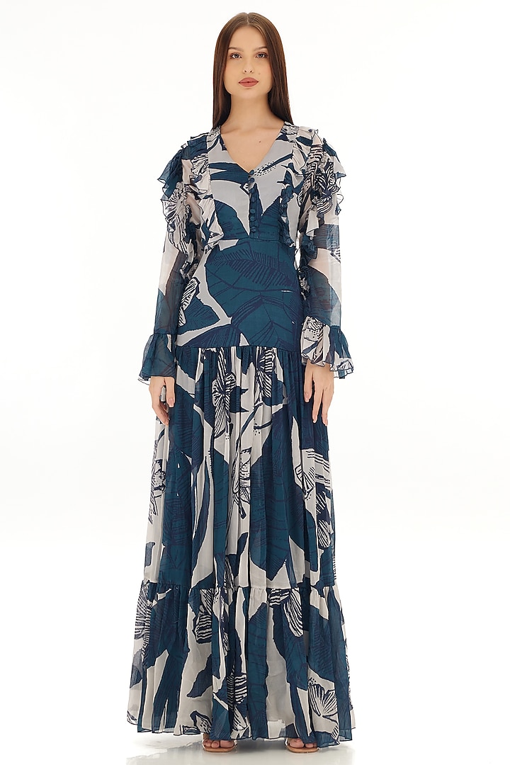 Sky Blue & White Chiffon Floral Printed Frilled Maxi Dress by Koai