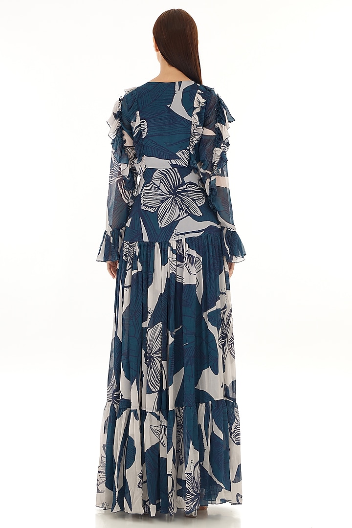 Sky Blue & White Chiffon Floral Printed Frilled Maxi Vacation Dress by Koai at Pernia's Pop Up Shop