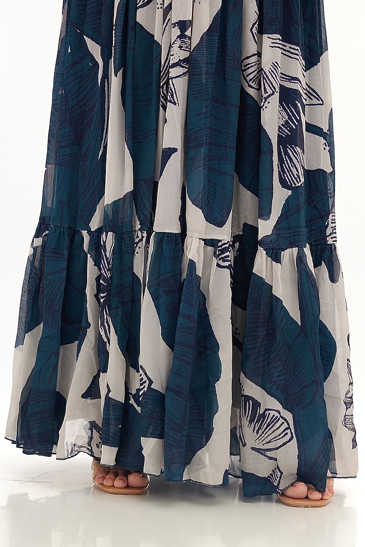 Sky Blue & White Chiffon Floral Printed Frilled Maxi Vacation Dress by Koai at Pernia's Pop Up Shop
