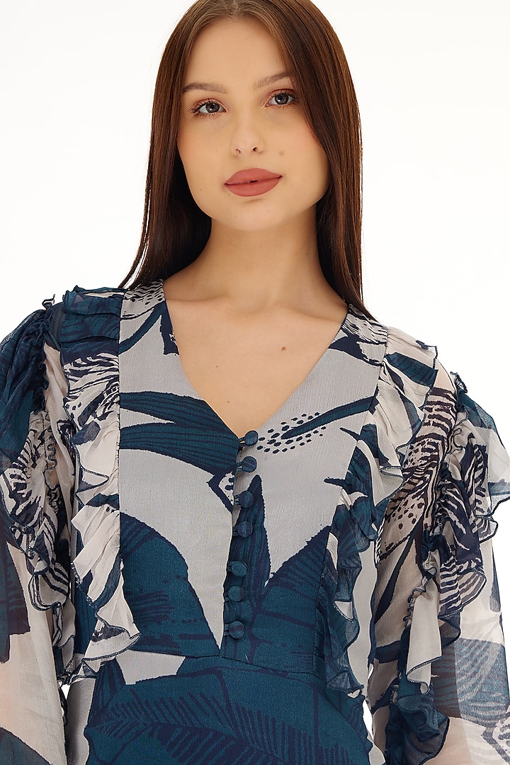 Sky Blue & White Chiffon Floral Printed Frilled Maxi Vacation Dress by Koai at Pernia's Pop Up Shop
