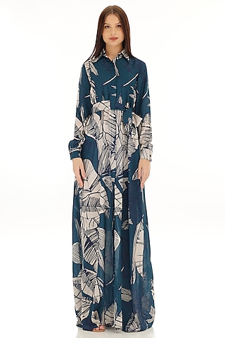 Sky Blue & White Muslin Cotton Silk Floral Printed Shirt Maxi Dress by Koai