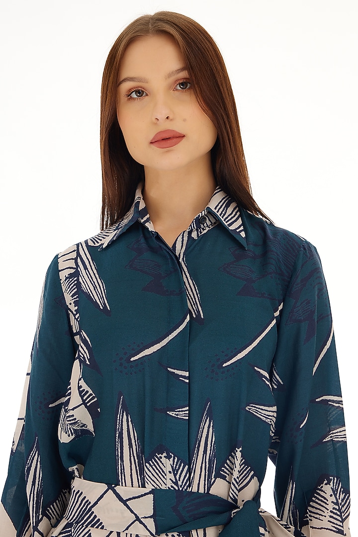 Sky Blue & White Muslin Cotton Silk Floral Printed Shirt Maxi Vacation Dress by Koai at Pernia's Pop Up Shop