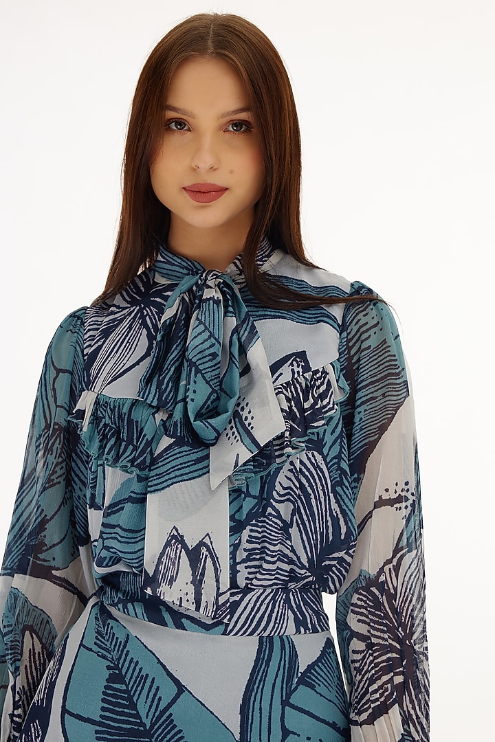 White & Blue Chiffon Floral Printed Top by Koai at Pernia's Pop Up Shop