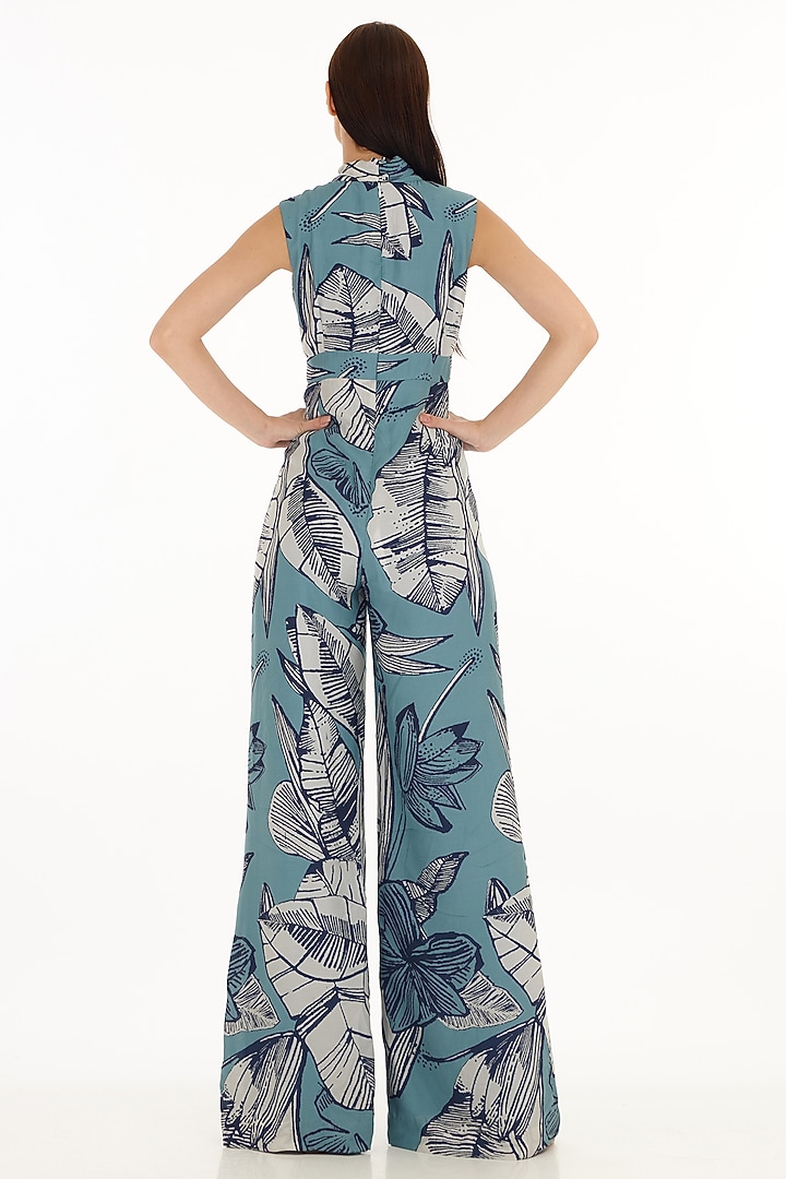 Blue & White Muslin Cotton Silk Floral Printed Jumpsuit by Koai at Pernia's Pop Up Shop
