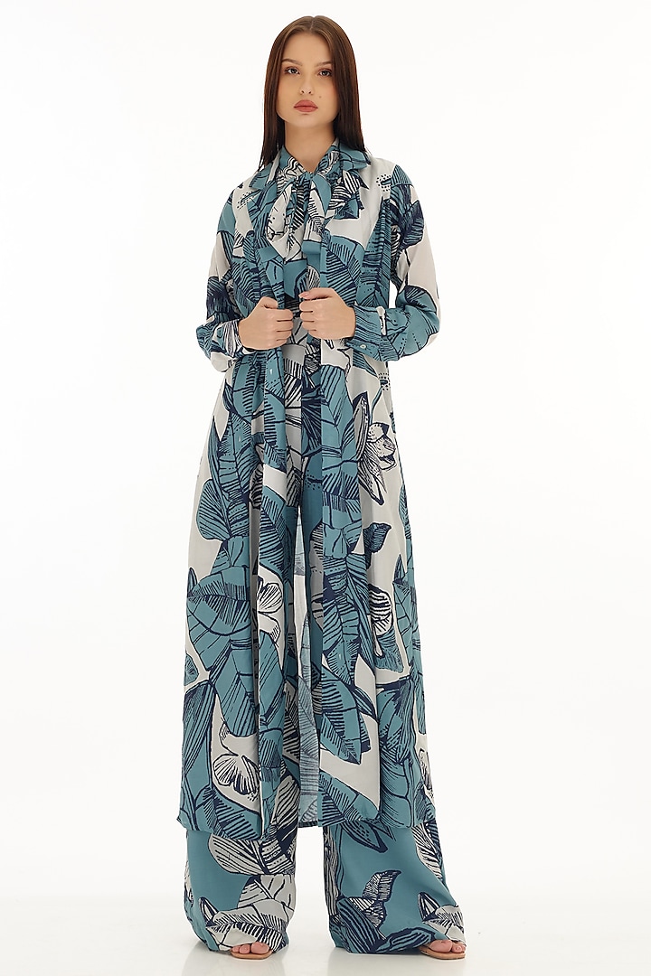 White & Blue Muslin Cotton Silk Floral Printed Cape by Koai at Pernia's Pop Up Shop