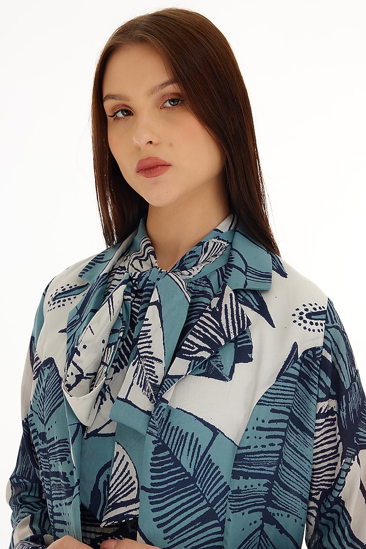 White & Blue Muslin Cotton Silk Floral Printed Cape by Koai at Pernia's Pop Up Shop