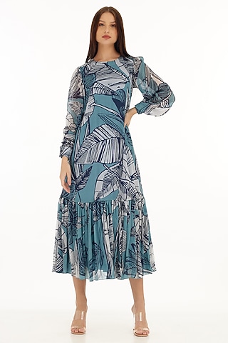 Blue & White Chiffon Floral Printed Midi Dress by Koai
