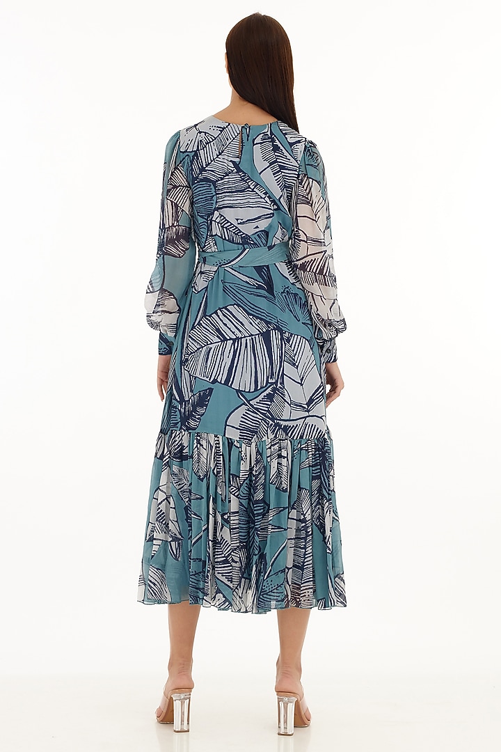 Blue & White Chiffon Floral Printed Midi Vacation Dress by Koai at Pernia's Pop Up Shop