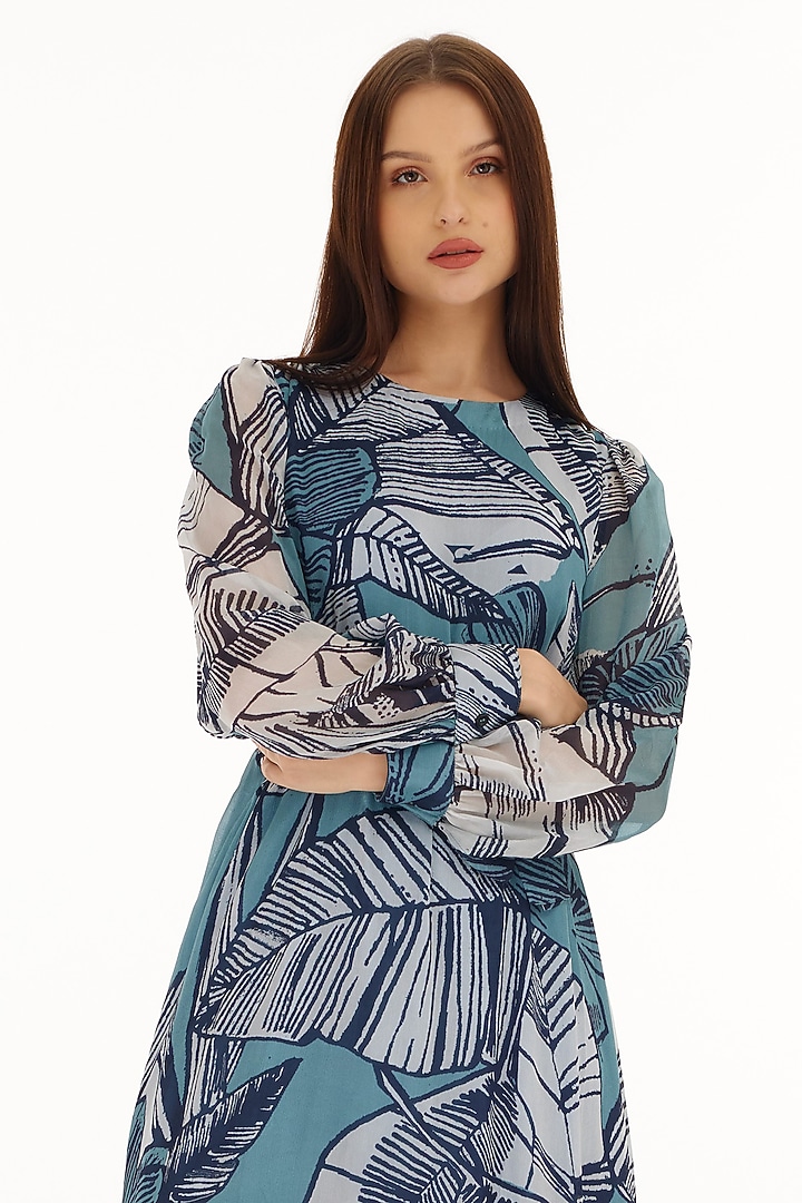 Blue & White Chiffon Floral Printed Midi Vacation Dress by Koai at Pernia's Pop Up Shop