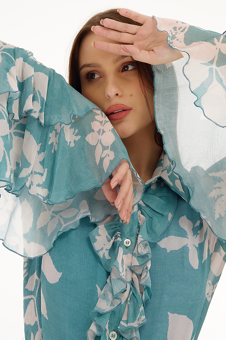 Light Blue & White Chiffon Floral Printed Frill Top by Koai at Pernia's Pop Up Shop