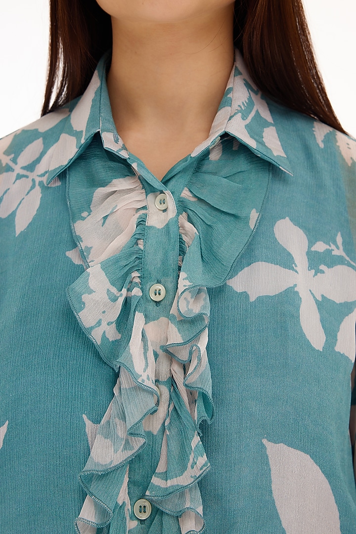 Light Blue & White Chiffon Floral Printed Frill Top by Koai at Pernia's Pop Up Shop